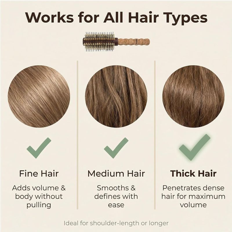 Boar Bristle Round Brush 2.5 Inch, Espresso — Cork Handle, Nylon + Boar Bristles for Blowout Volume, Shoulder to Mid-Back Hair