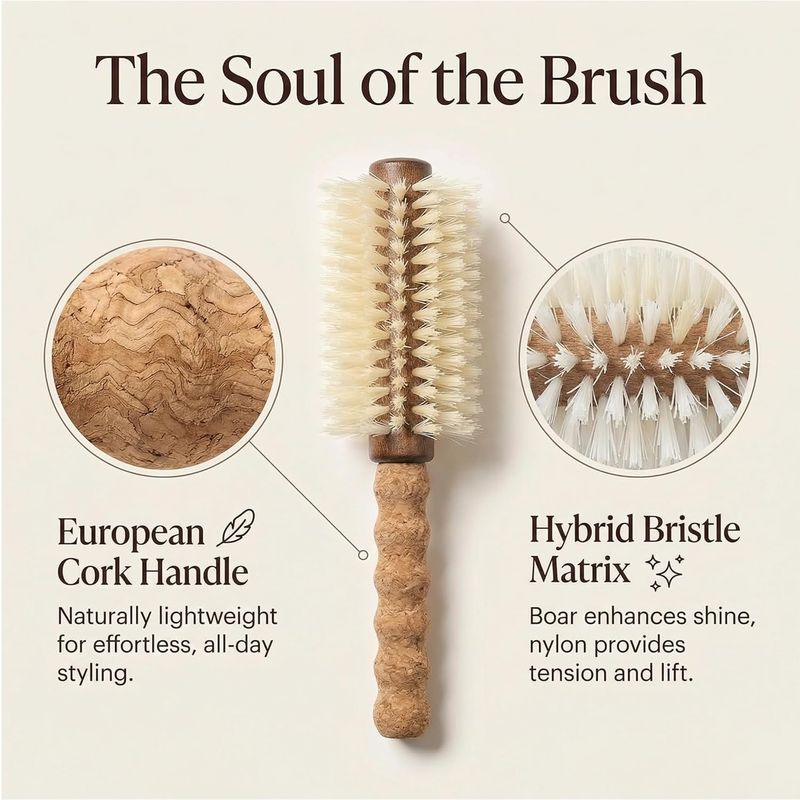 Boar Bristle Round Brush with Cork Handle - 2.75 Inch Barrel with Nylon Pins - Blow Dry and Volumize Fine Thinning Hair Without Arm Fatigue