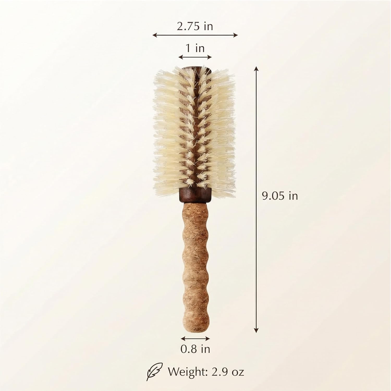 Boar Bristle Round Brush with Cork Handle - 2.75 Inch Barrel with Nylon Pins - Blow Dry and Volumize Fine Thinning Hair Without Arm Fatigue