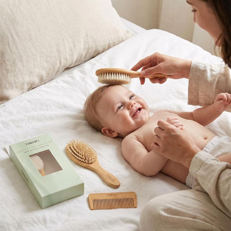 Bamboo Baby Hair Brush & Comb Set (3-Piece) | Ultra-Soft Natural Goat Bristles for Newborns | Gentle Scalp Massage & Detangling Kit | Perfect Baby Registry & Shower Gift