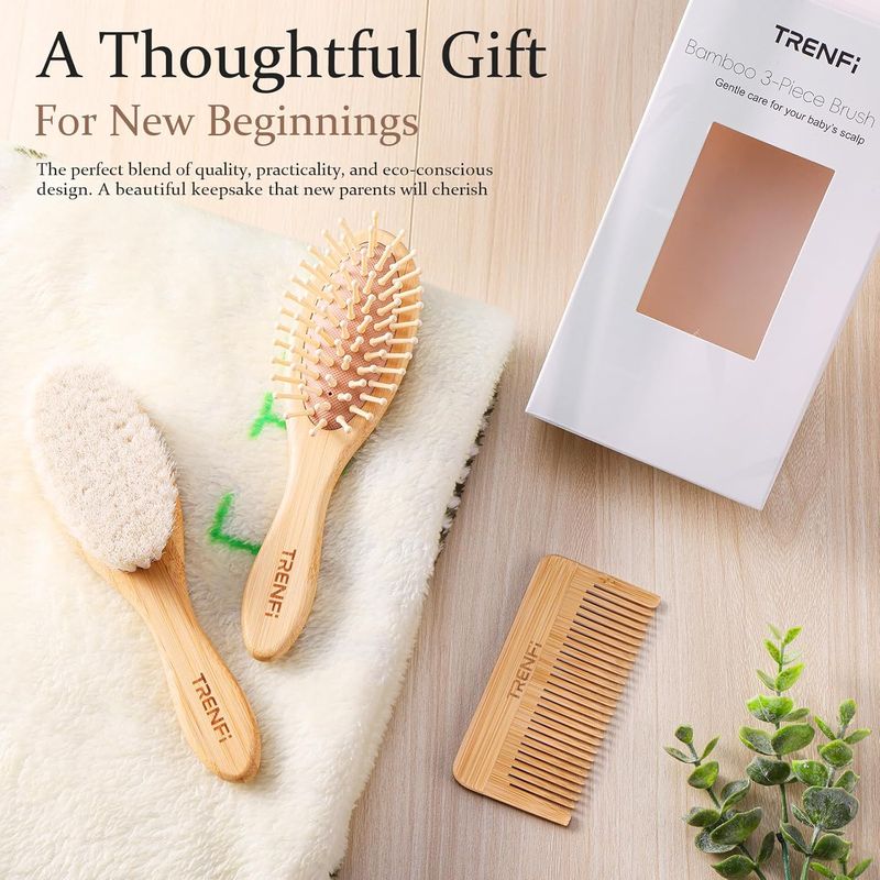 Bamboo Baby Hair Brush & Comb Set (3-Piece) | Ultra-Soft Natural Goat Bristles for Newborns | Gentle Scalp Massage & Detangling Kit | Perfect Baby Registry & Shower Gift