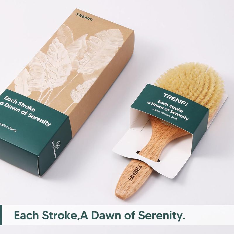 Boar Bristle Hair Brush for Fine Thin Hair — 100% Natural Soft Bristle Finishing Brush, Oversized Oval Head, Solid Red Oak Wood Handle for Women Men