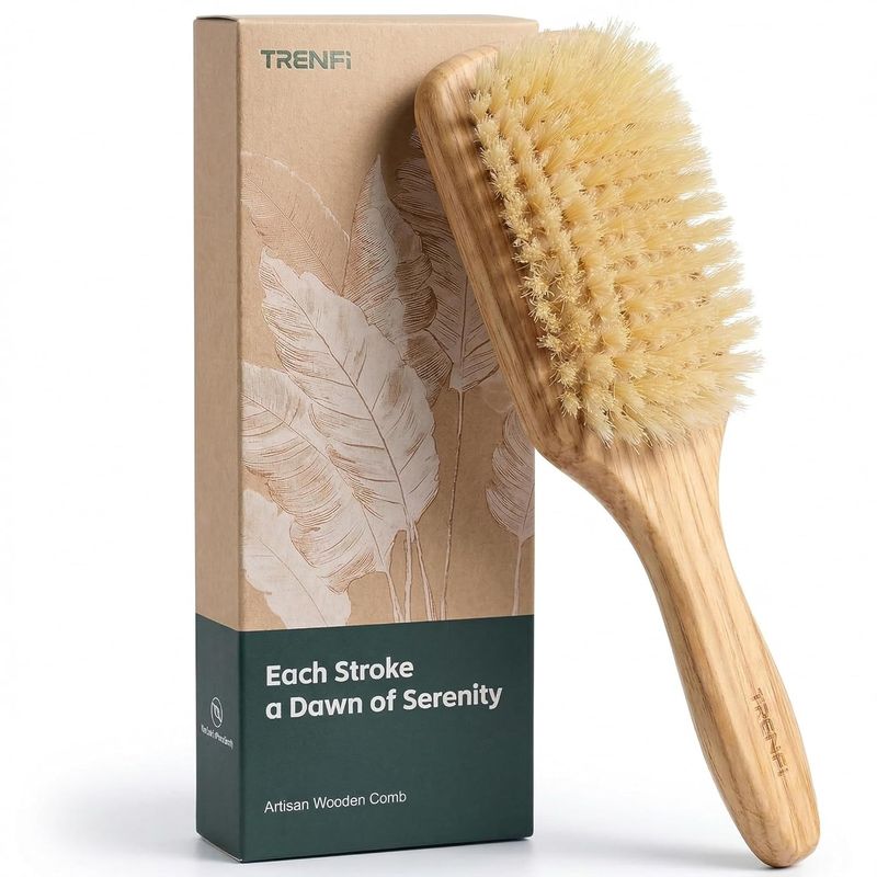 100% Boar Bristle Hair Brush - Soft Natural Bristle Wooden Paddle Brush for F…