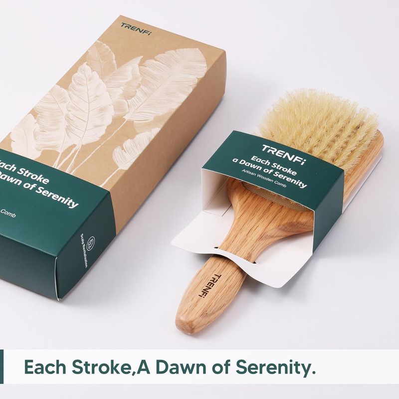 100% Boar Bristle Hair Brush - Soft Natural Bristle Wooden Paddle Brush for Fine Thin Hair, Distributes Scalp Oils for Smooth Shine, Solid Red Oak Handle for Women Men