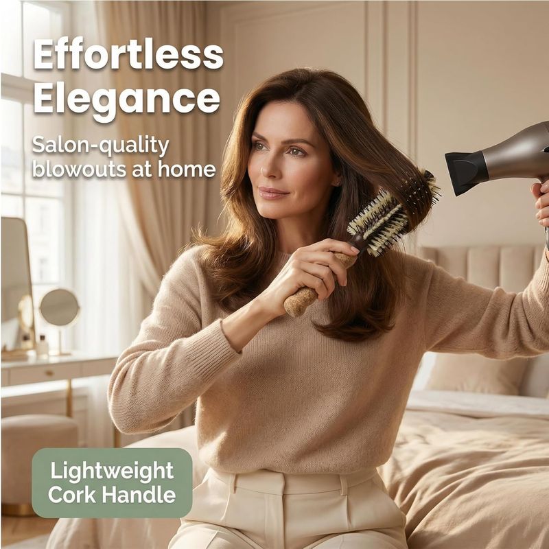 Large Round Brush for Blow Drying 2.75 Inch — Boar Bristle and Nylon Pin Barrel with Cork Handle, Volumizing Hair Brush for Thick Long Hair, Women