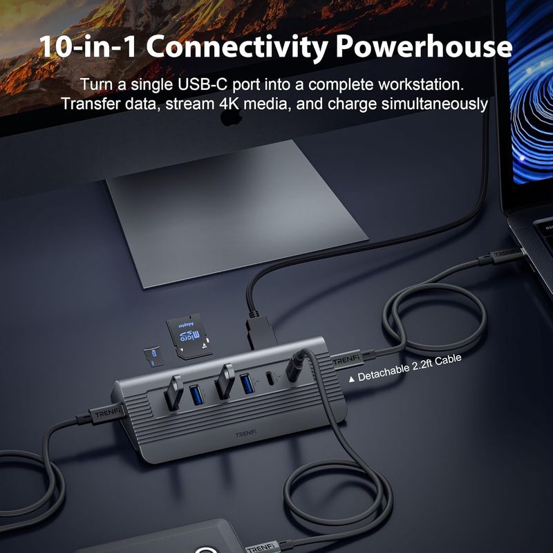 USB C Hub 10-in-1 Detachable Cable, USB 3.2 Gen2 10Gbps — 4K 60Hz HDMI, 100W PD, SD/Micro SD — Docking Station for MacBook Pro/Air M1-M5, Windows Laptop, Mac mini, iPad Pro (Space Gray)