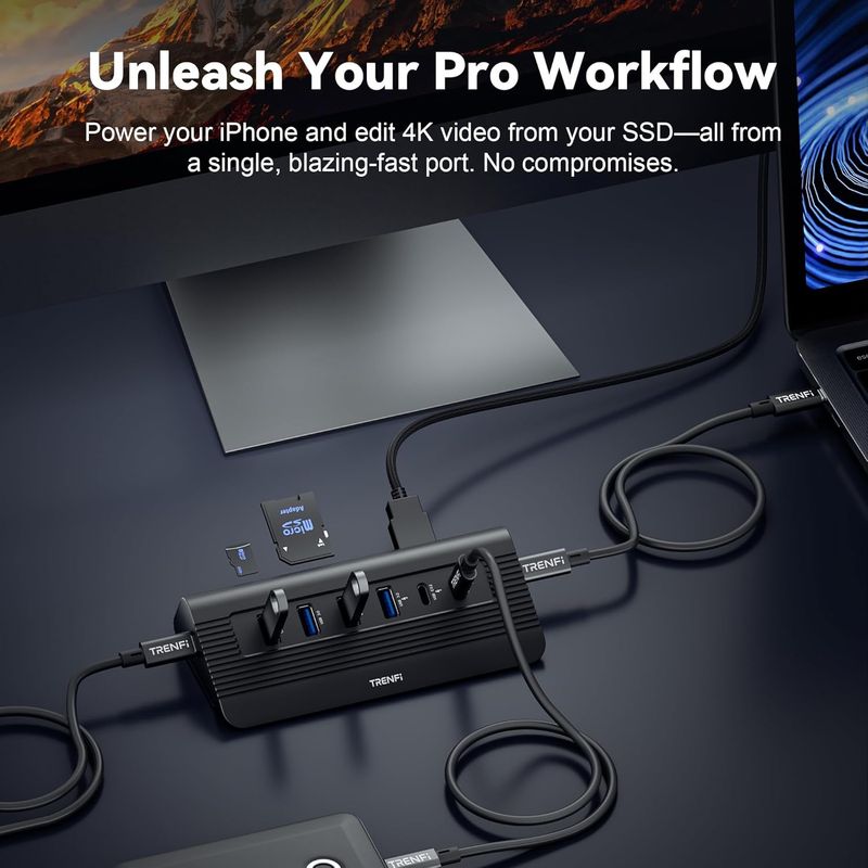 10-in-1 USB C Hub with 2.2ft Detachable Cable | Aluminum 10Gbps USB 3.2 Gen 2 Docking Station with 4K 60Hz HDMI, 100W PD, SD/TF Reader for MacBook Pro/Air M4/M3, iPad Pro, PC Laptops (Midnight)