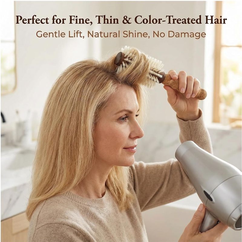 Boar Bristle Round Brush with Cork Handle - 2.75 Inch with Nylon Pins - Blow Dry Fine Thinning Color-Treated Hair - Volumizing Blowout for Women
