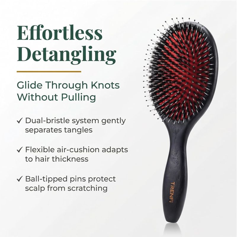 Boar Bristle Hair Brush — Solid Red Oak Oval Cushion Brush for Thick Curly Hair, Detangling and Smoothing Frizz with Nylon Pins, Women and Men (9.45 in)