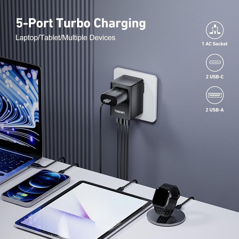 65W GaN+ USB C Compact Universal Travel Adapter, 5-Port 2 USB-C PD3.0 2 USB-A QC3.0 AC Outlet, International Wall Charger for MacBook iPhone iPad Laptop, US UK EU AUS, 200+ Countries