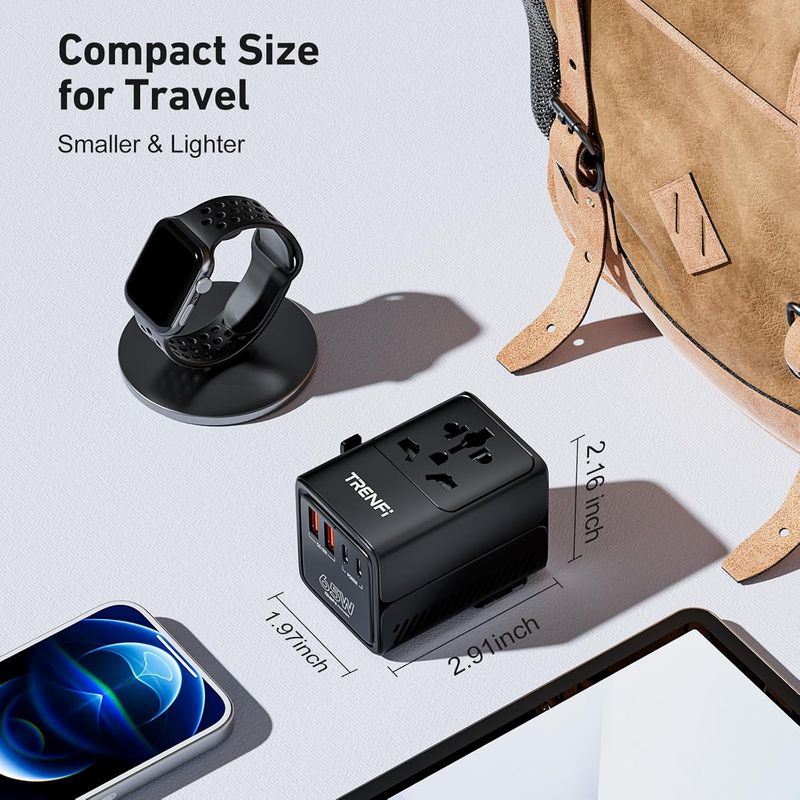 65W GaN+ USB C Compact Universal Travel Adapter, 5-Port 2 USB-C PD3.0 2 USB-A QC3.0 AC Outlet, International Wall Charger for MacBook iPhone iPad Laptop, US UK EU AUS, 200+ Countries