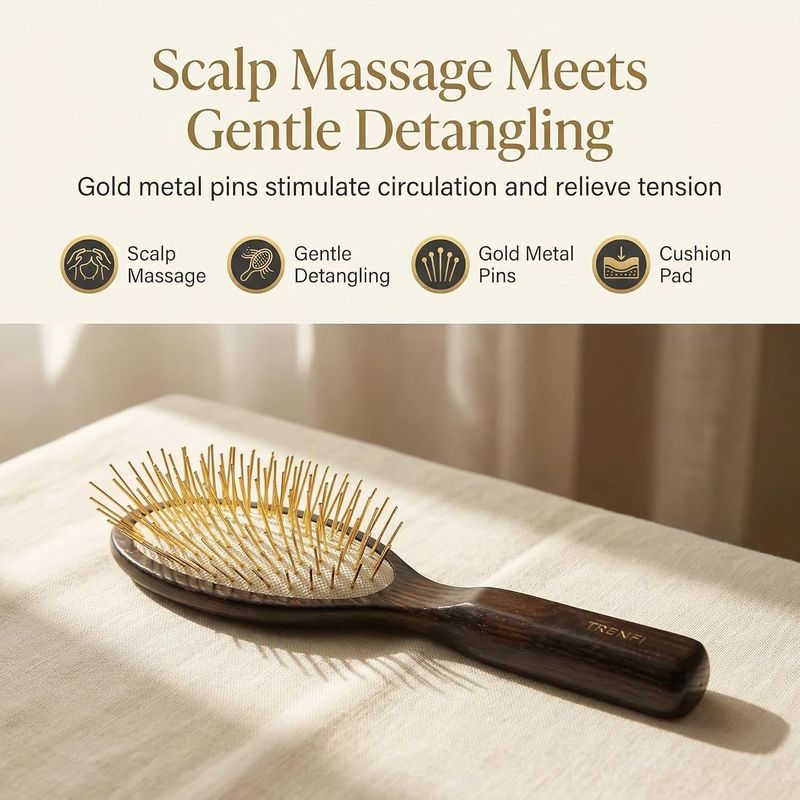 Oval Paddle Brush, Gold-Tone Metal Pins — No Ball Tips, Air-Cushion Base, Willow Wood Handle, Scalp Massage for Thick & Long Hair
