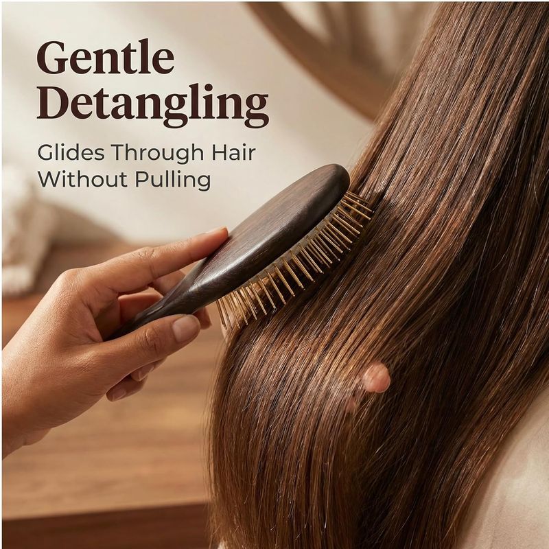 Oval Paddle Brush, Gold-Tone Metal Pins — No Ball Tips, Air-Cushion Base, Willow Wood Handle, Scalp Massage for Thick & Long Hair