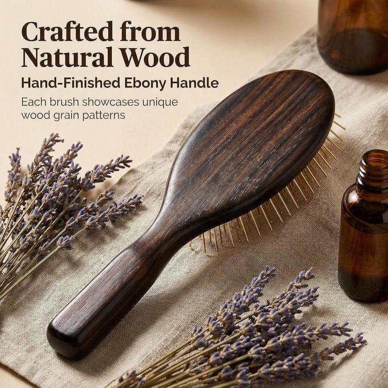 Oval Paddle Brush, Gold-Tone Metal Pins — No Ball Tips, Air-Cushion Base, Willow Wood Handle, Scalp Massage for Thick & Long Hair