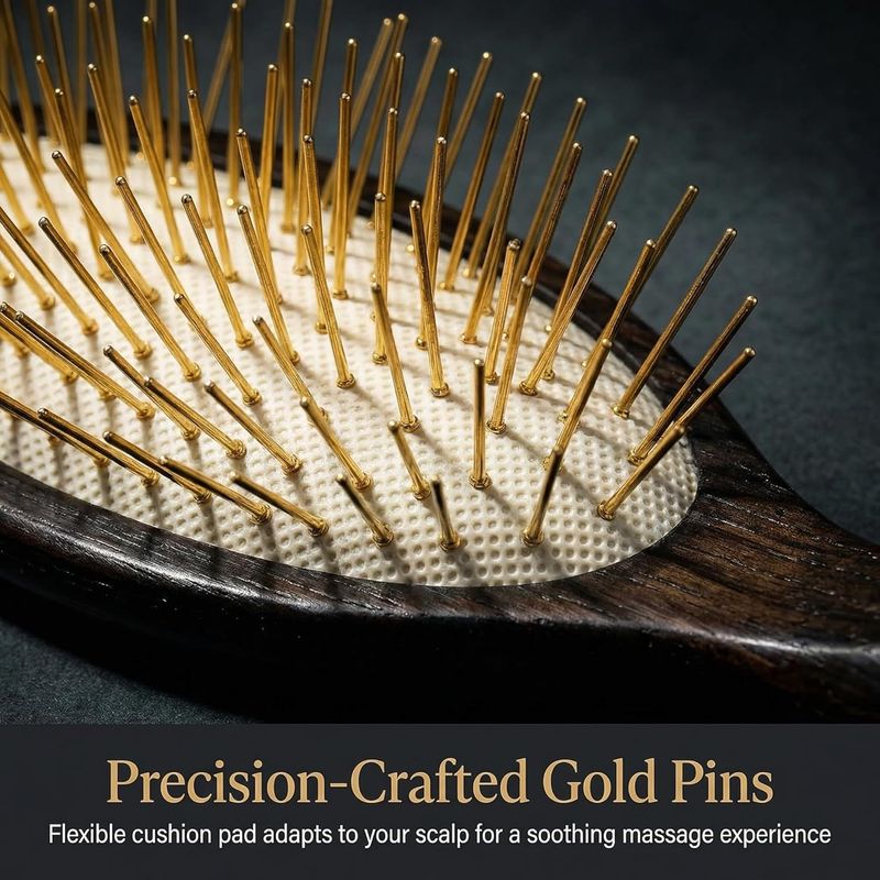 Oval Paddle Brush, Gold-Tone Metal Pins — No Ball Tips, Air-Cushion Base, Willow Wood Handle, Scalp Massage for Thick & Long Hair