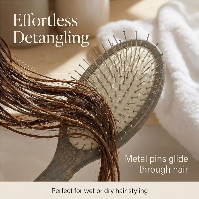 Oval Paddle Brush, Silver-Tone Metal Pins — No Ball Tips, Carbonized Willow Wood, Deep Detangling for Thick & Curly Hair, Wet & Dry