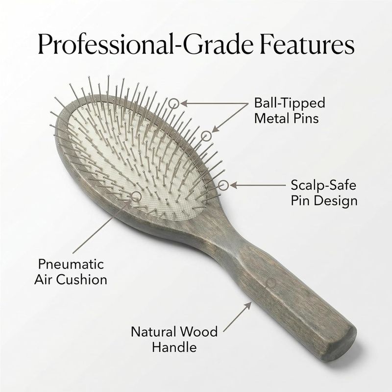 Oval Paddle Brush, Silver-Tone Metal Pins — No Ball Tips, Carbonized Willow Wood, Deep Detangling for Thick & Curly Hair, Wet & Dry