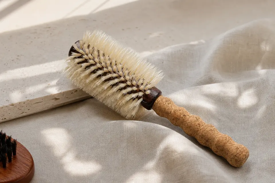 TRENFi cork handle round brush on linen and pale stone