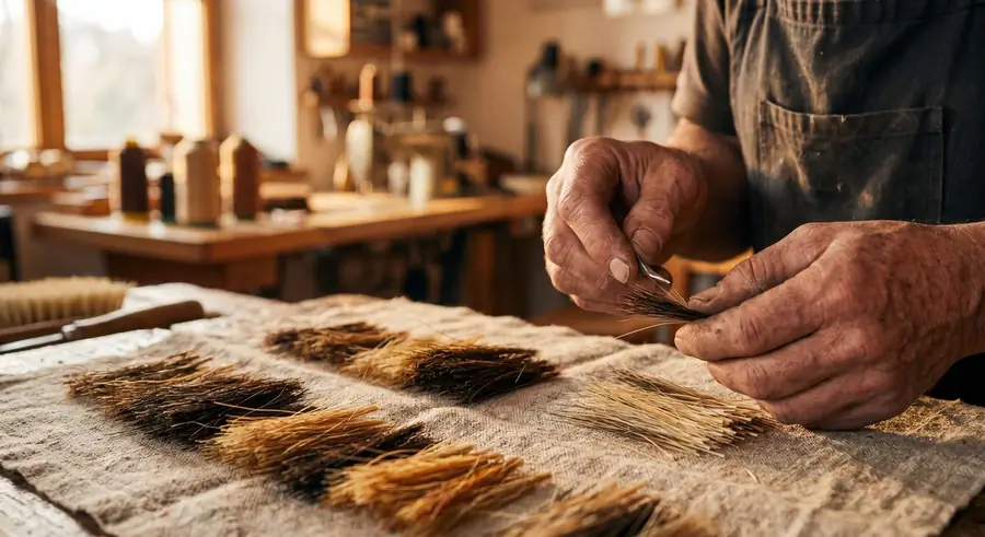 Close view of natural bristles and brush-making material texture
