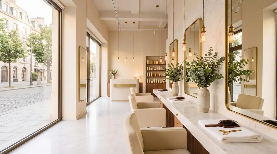 Minimal salon interior with TRENFi hair brush tools at the station